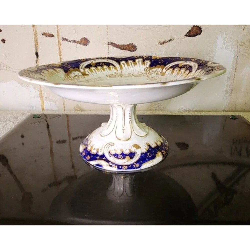 Antique Coalport Hand Painted Game Bird Compote Floral Cobalt Gold Tazza Comport